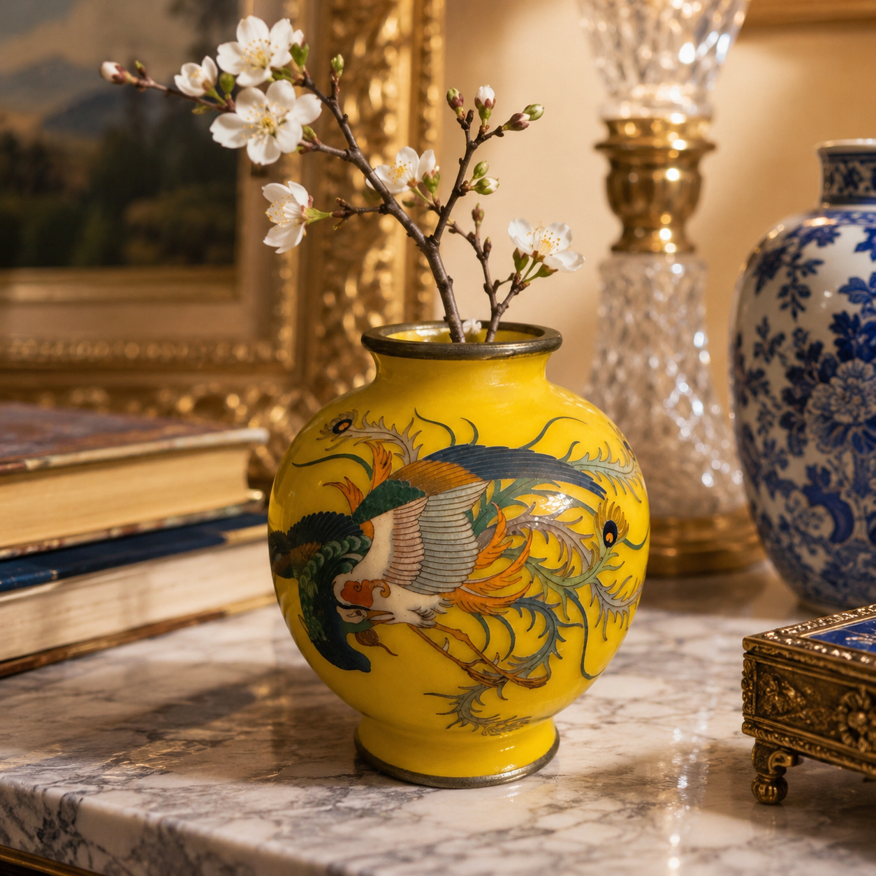 Vintage Japanese Sato Cloisonné Bud Vase with Phoenix Bird Motif