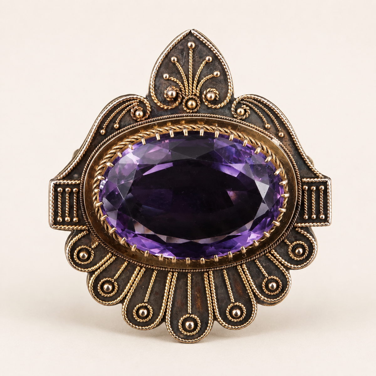 Victorian Etruscan Revival 14K Gold Amethyst Converter Brooch, 26.76 Carets