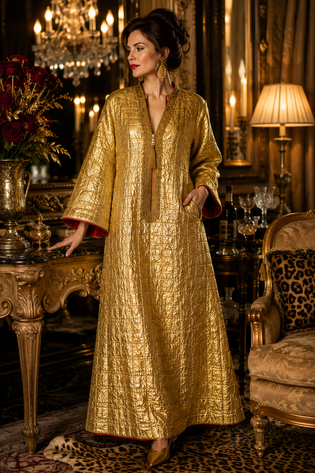 Vintage Edie Gladstone 1960’s Couture Gold Metallic Kaftan Hostess Gown with Red Lining