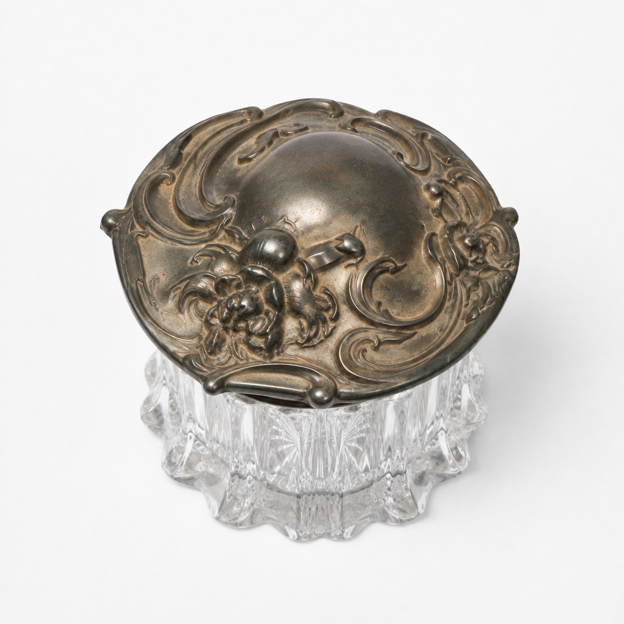 Antique Fosteria Long Buttress Glass Humidor Jar c.1904 | Art Nouveau Silver-Plate Lid