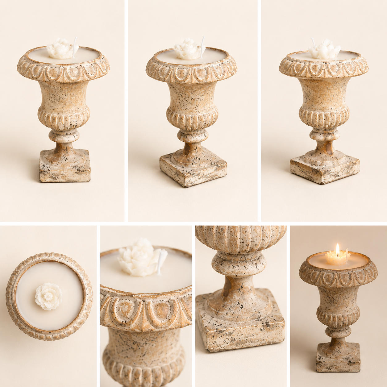 Vintage Plaster Urn Soy Candle with Signature Wax Rose | Hand-Poured | 5.5” x 7”