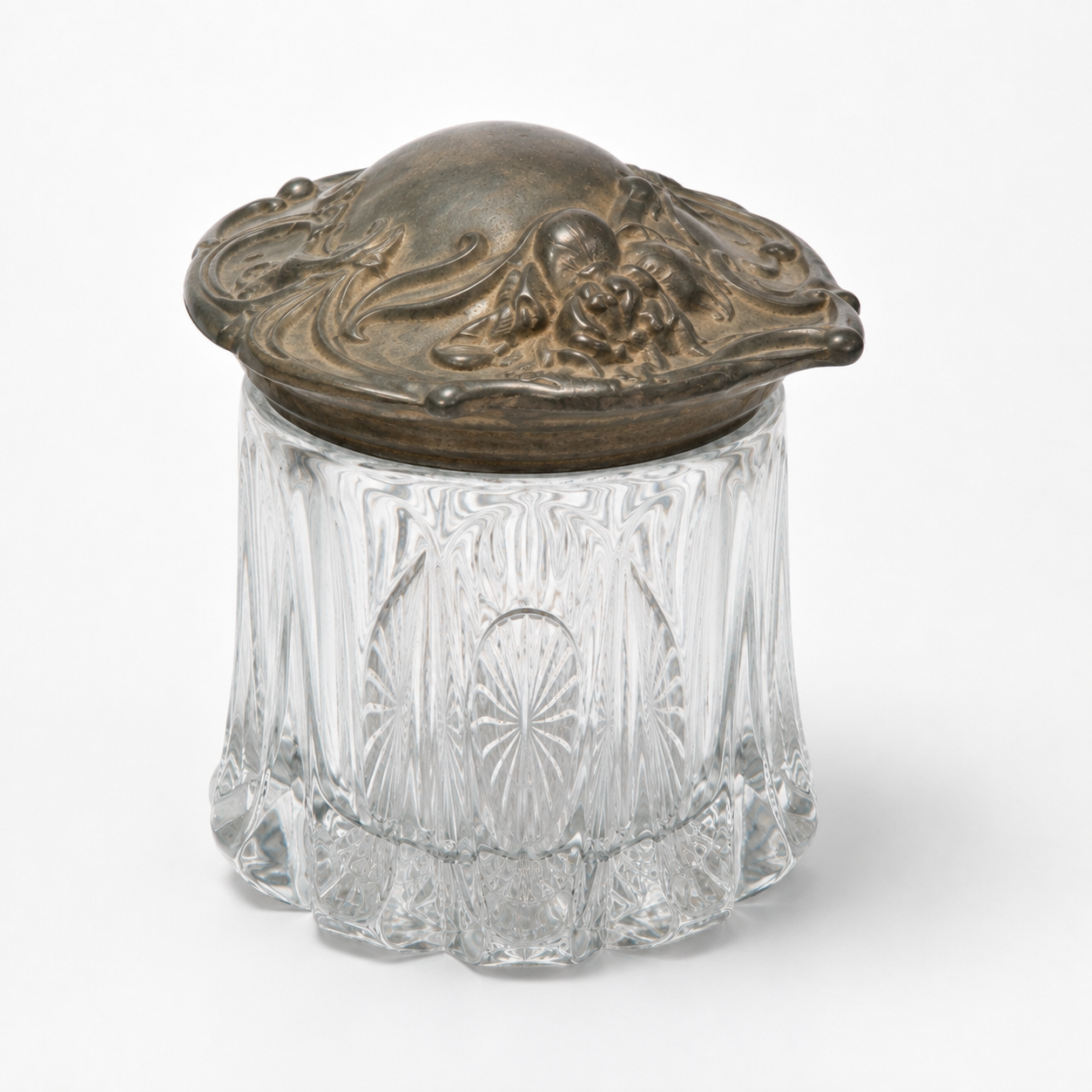 Antique Fosteria Long Buttress Glass Humidor Jar c.1904 | Art Nouveau Silver-Plate Lid