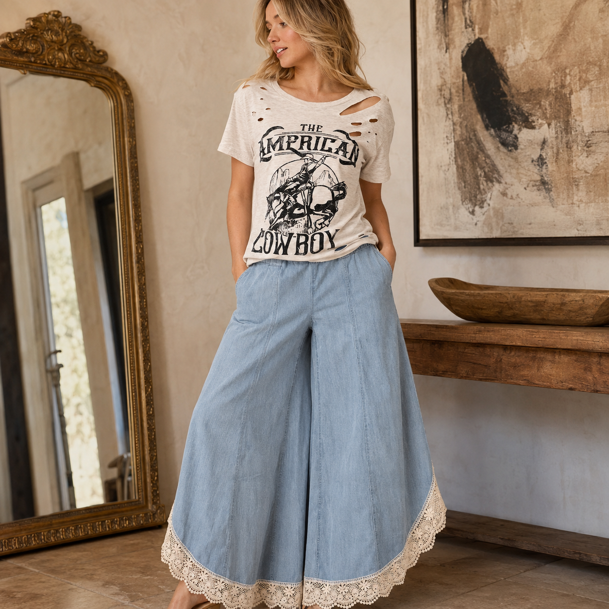 American Cowboy Distressed Cotton Slub Graphic T-Shirt