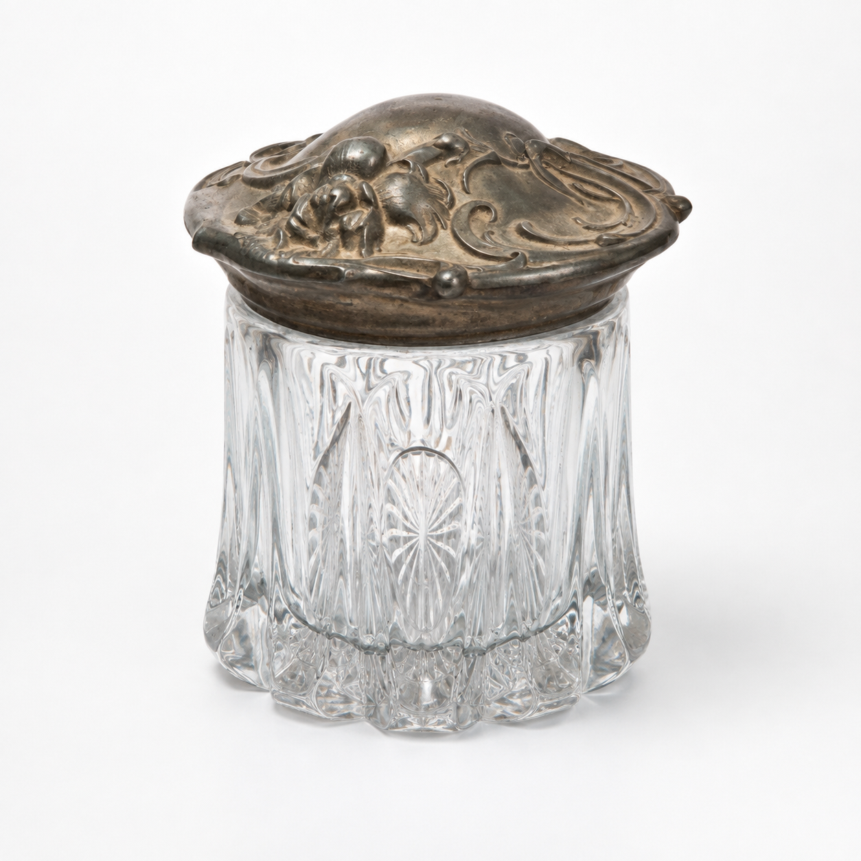Antique Fosteria Long Buttress Glass Humidor Jar c.1904 | Art Nouveau Silver-Plate Lid