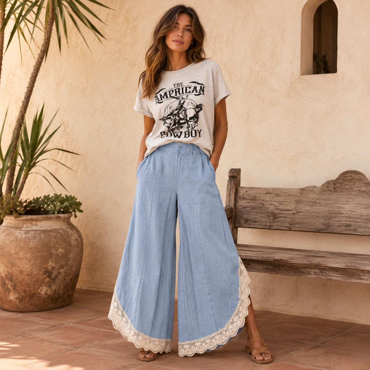 BLUEBELL LACE TULIP-HEM Wide Leg Denim Pants