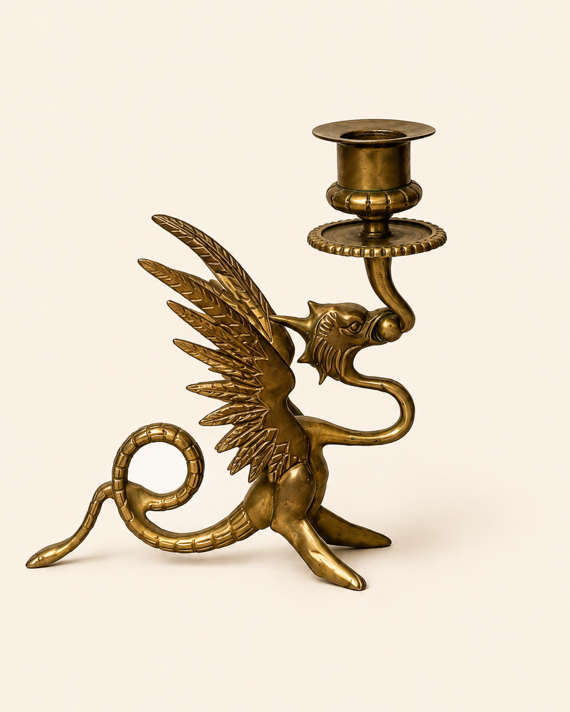 Vintage Pair of Brass Winged Dragon Candlesticks