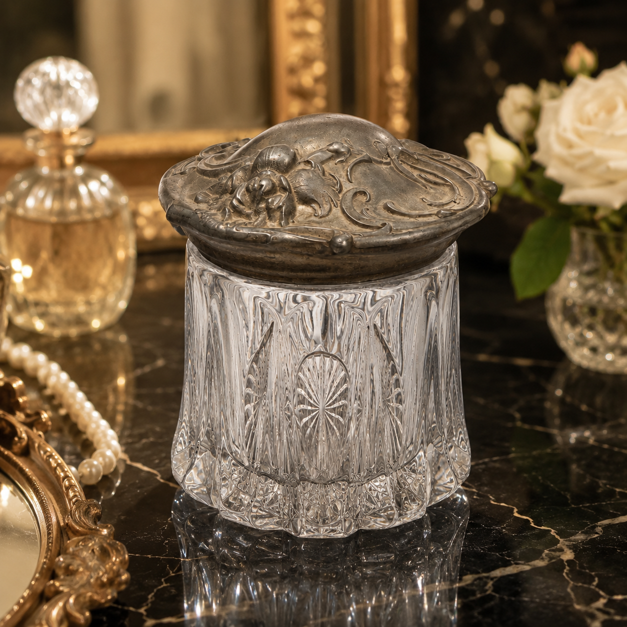 Antique Fosteria Long Buttress Glass Humidor Jar c.1904 | Art Nouveau Silver-Plate Lid