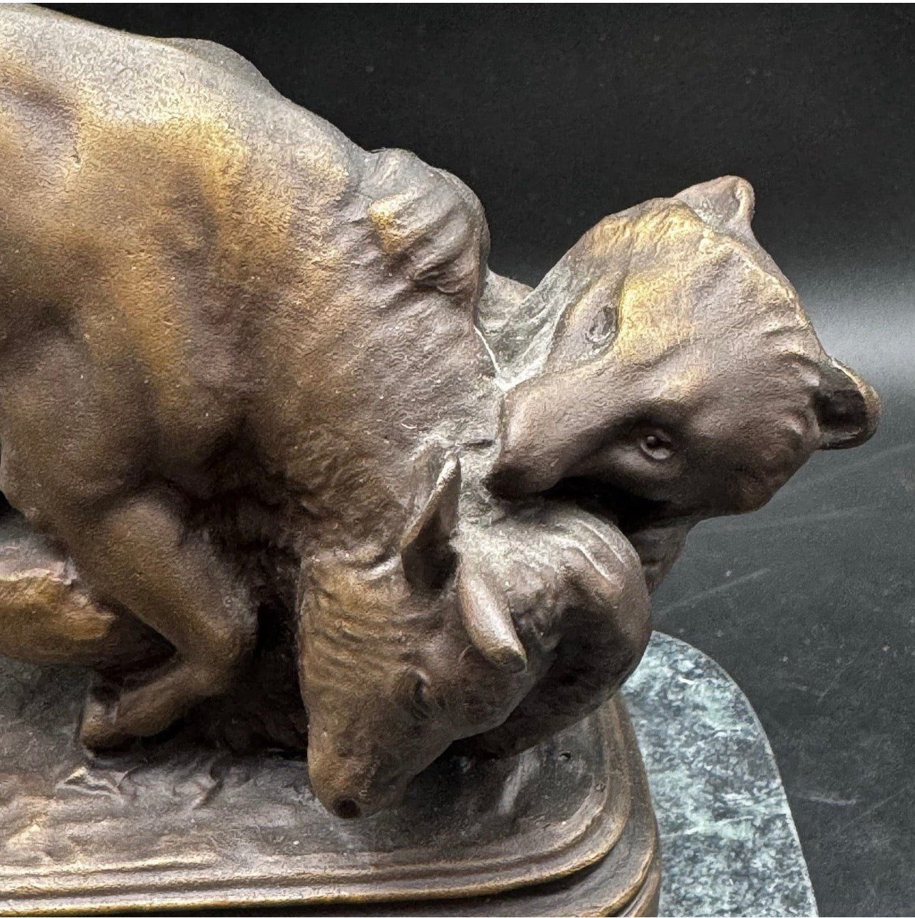 ISIDORE JULES BONHEUR BEAR & BULL BRONZE STATUE on marble base Signed 1994
