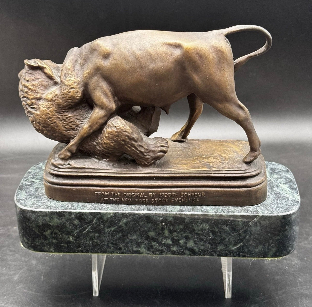 ISIDORE JULES BONHEUR BEAR & BULL BRONZE STATUE on marble base Signed 1994