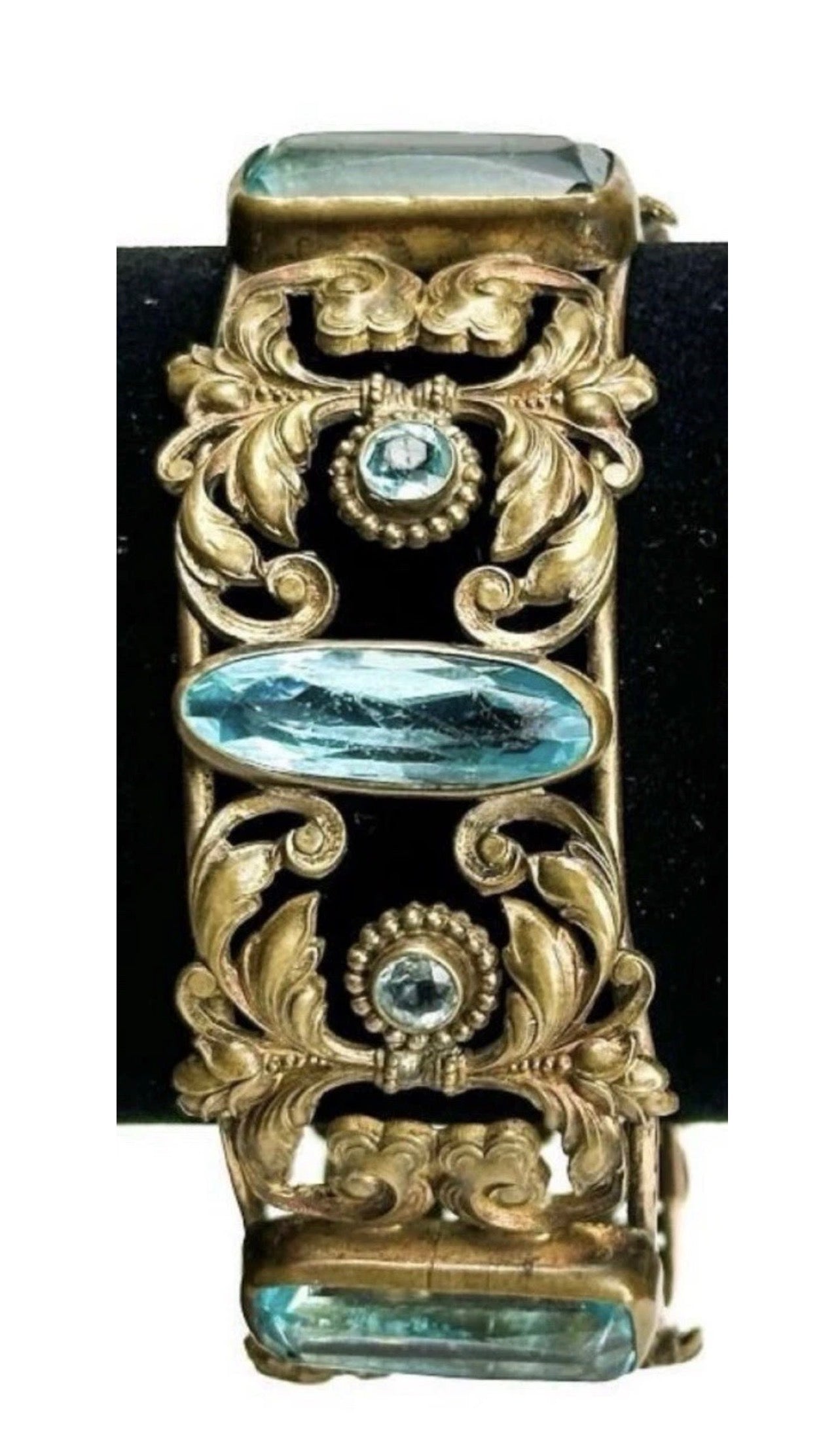 Vintage CZECH GLASS & GOLD TONE FILIGREE BRACELET
