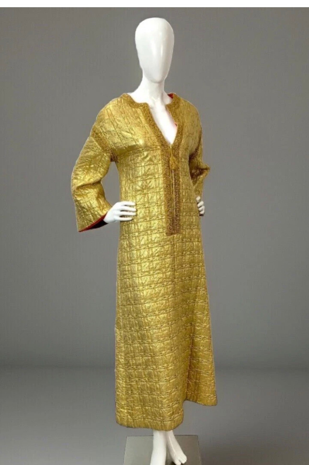 Vintage Edie Gladstone 1960’s Couture Gold Metallic Kaftan Hostess Gown with Red Lining