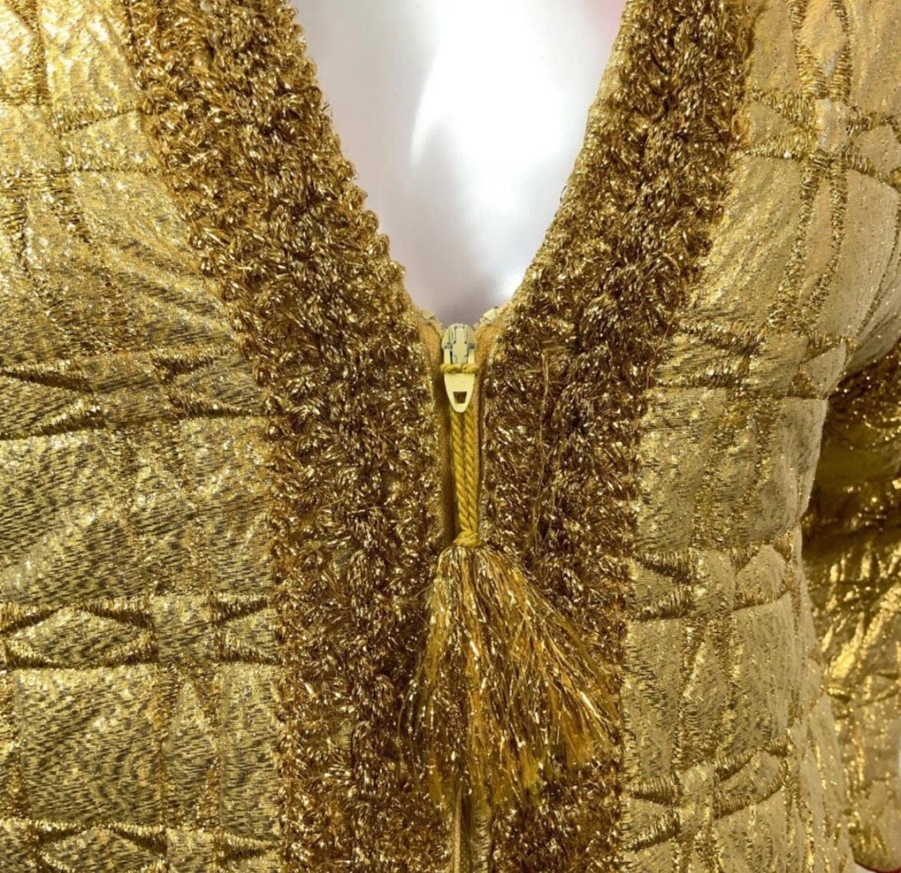 Vintage Edie Gladstone 1960’s Couture Gold Metallic Kaftan Hostess Gown with Red Lining