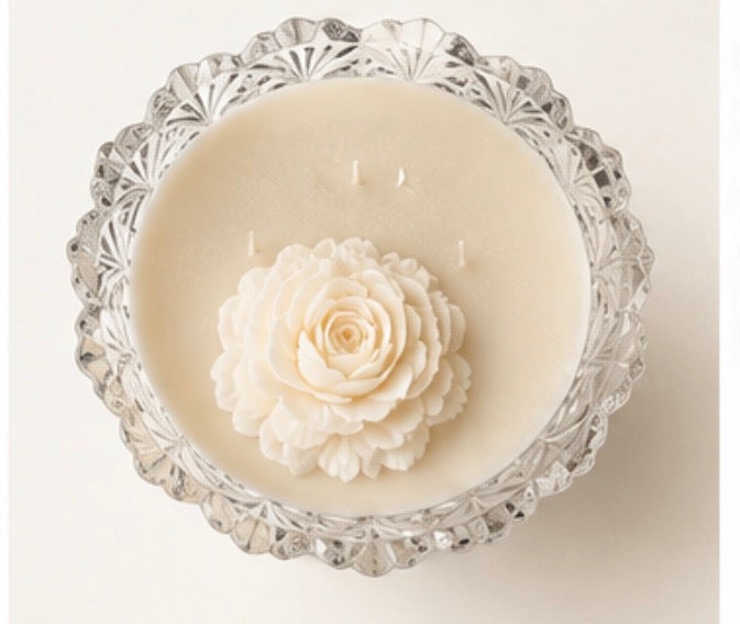 Vintage Crystal Compote Soy Candle with Signature Wax Rose
