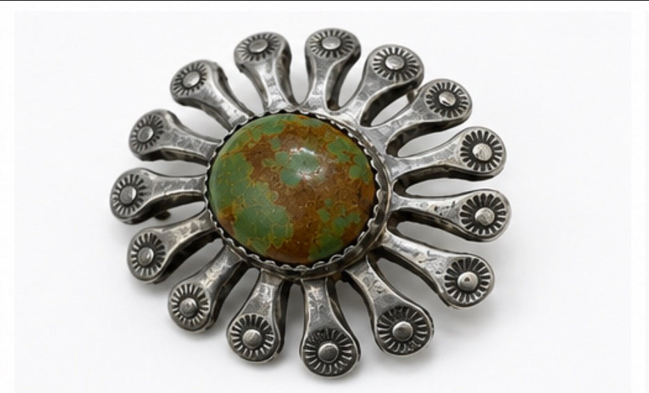 Vintage Sterling Silver Turquoise Sunburst Brooch Pin, 1.5’’