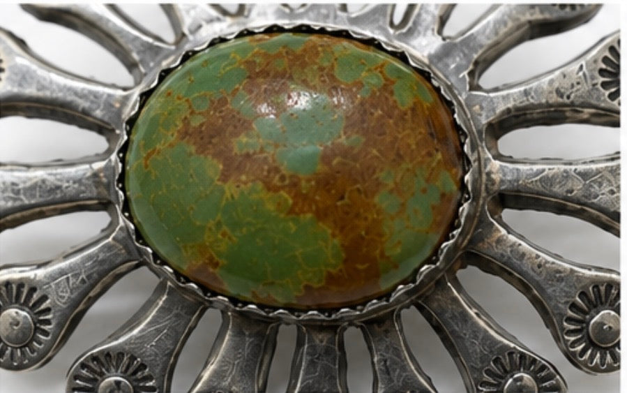 Vintage Sterling Silver Turquoise Sunburst Brooch Pin, 1.5’’