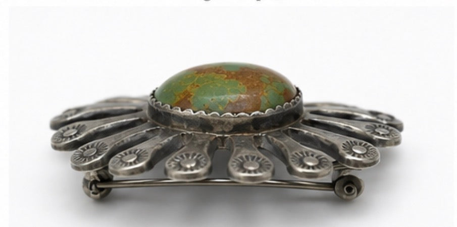 Vintage Sterling Silver Turquoise Sunburst Brooch Pin, 1.5’’