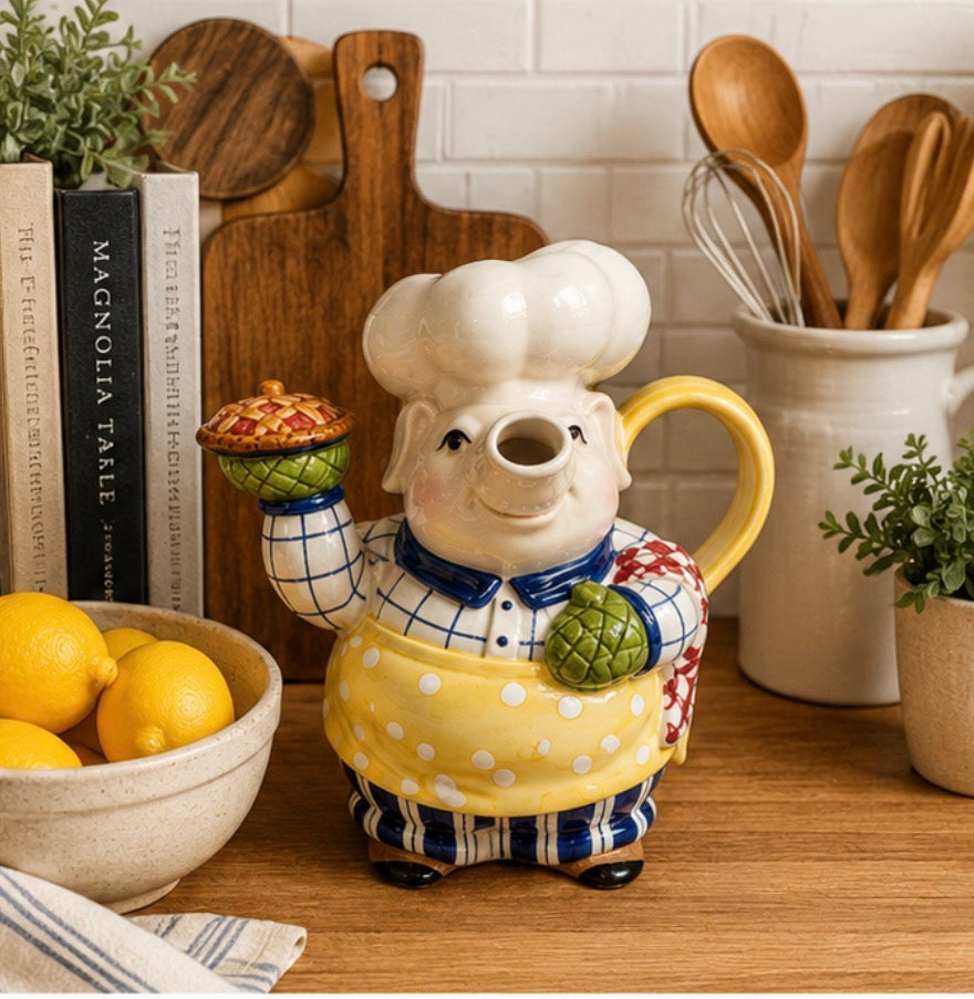 Vintage Fitz and Floyd Classics Pig Chef Ceramic Pitcher, 8.5’’