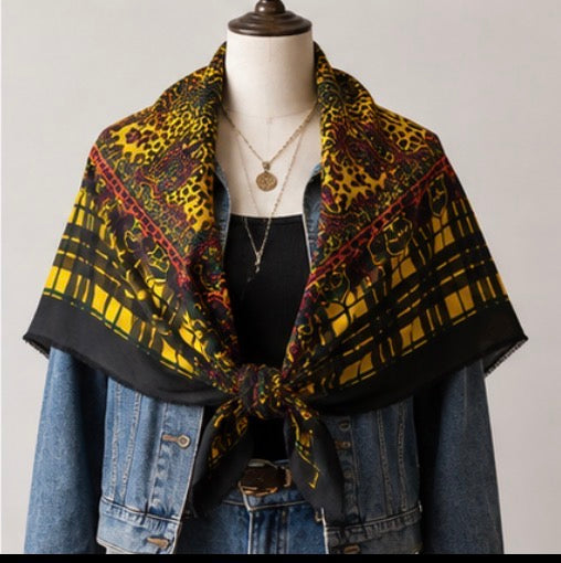 Vintage Oversized 46’’ Cotton Leopard Plaid Square Scarf