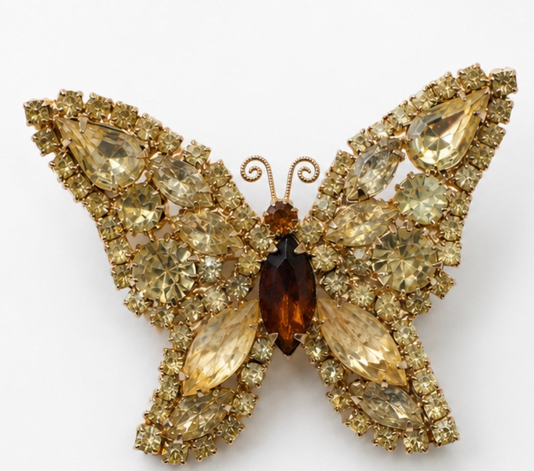 Vintage Signed WEISS Rhinestone Butterfly Brooch Amber Champagne Crystals