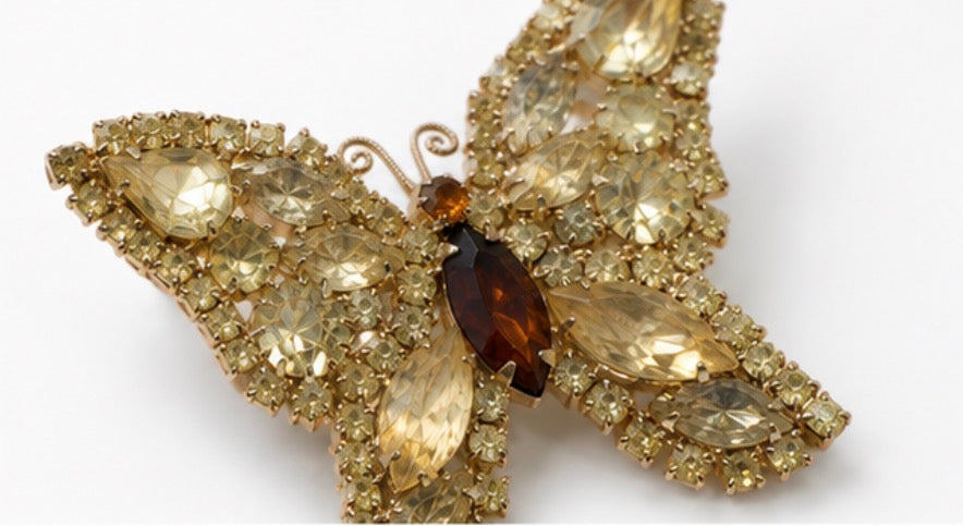 Vintage Signed WEISS Rhinestone Butterfly Brooch Amber Champagne Crystals