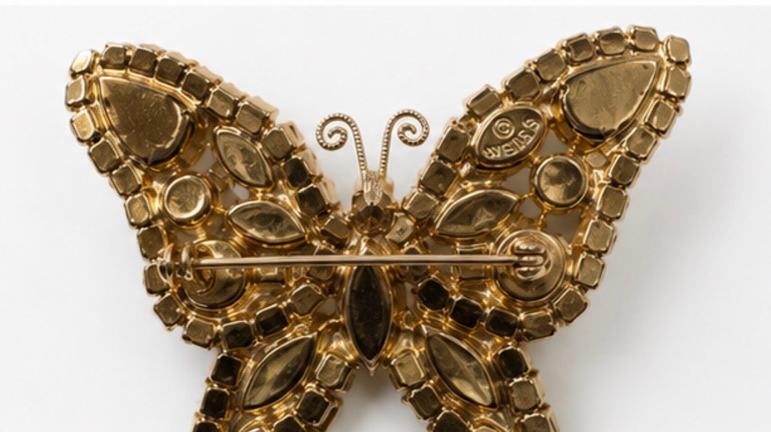 Vintage Signed WEISS Rhinestone Butterfly Brooch Amber Champagne Crystals