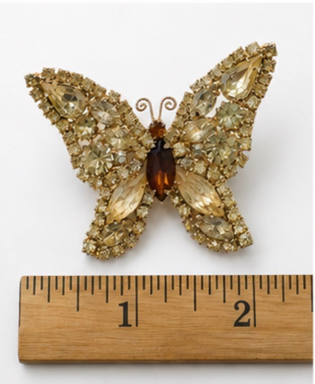 Vintage Signed WEISS Rhinestone Butterfly Brooch Amber Champagne Crystals