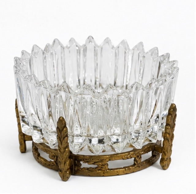 Vintage Art Nouveau Style Crystal Champagne Bottle Coaster with Brass Leaf Stand