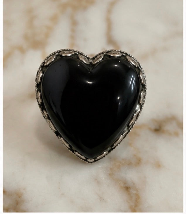 oversized Black Heart Statement Ring with Ornate Silver-ToneSetting