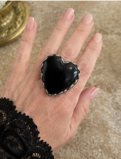 oversized Black Heart Statement Ring with Ornate Silver-ToneSetting
