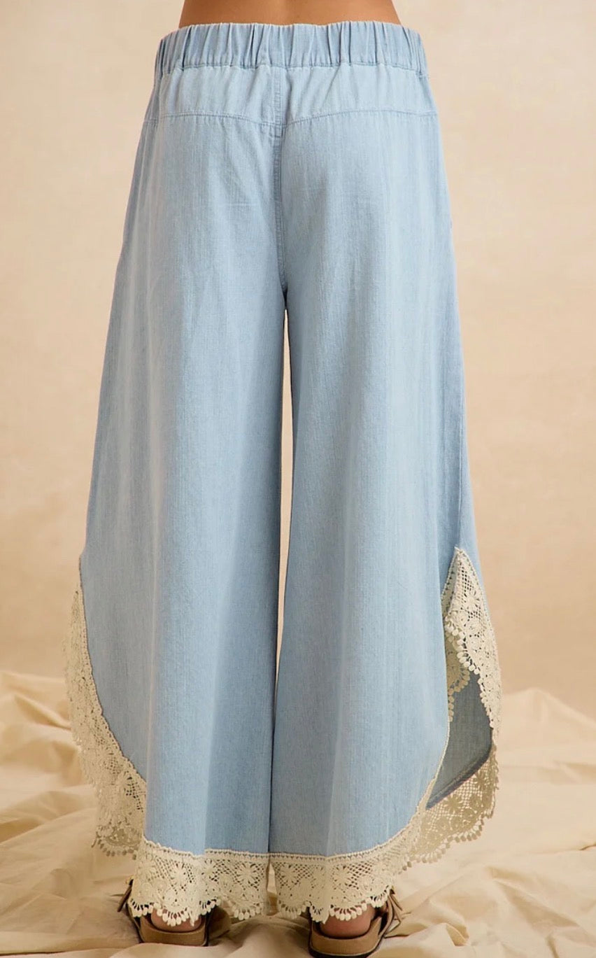 BLUEBELL LACE TULIP-HEM Wide Leg Denim Pants