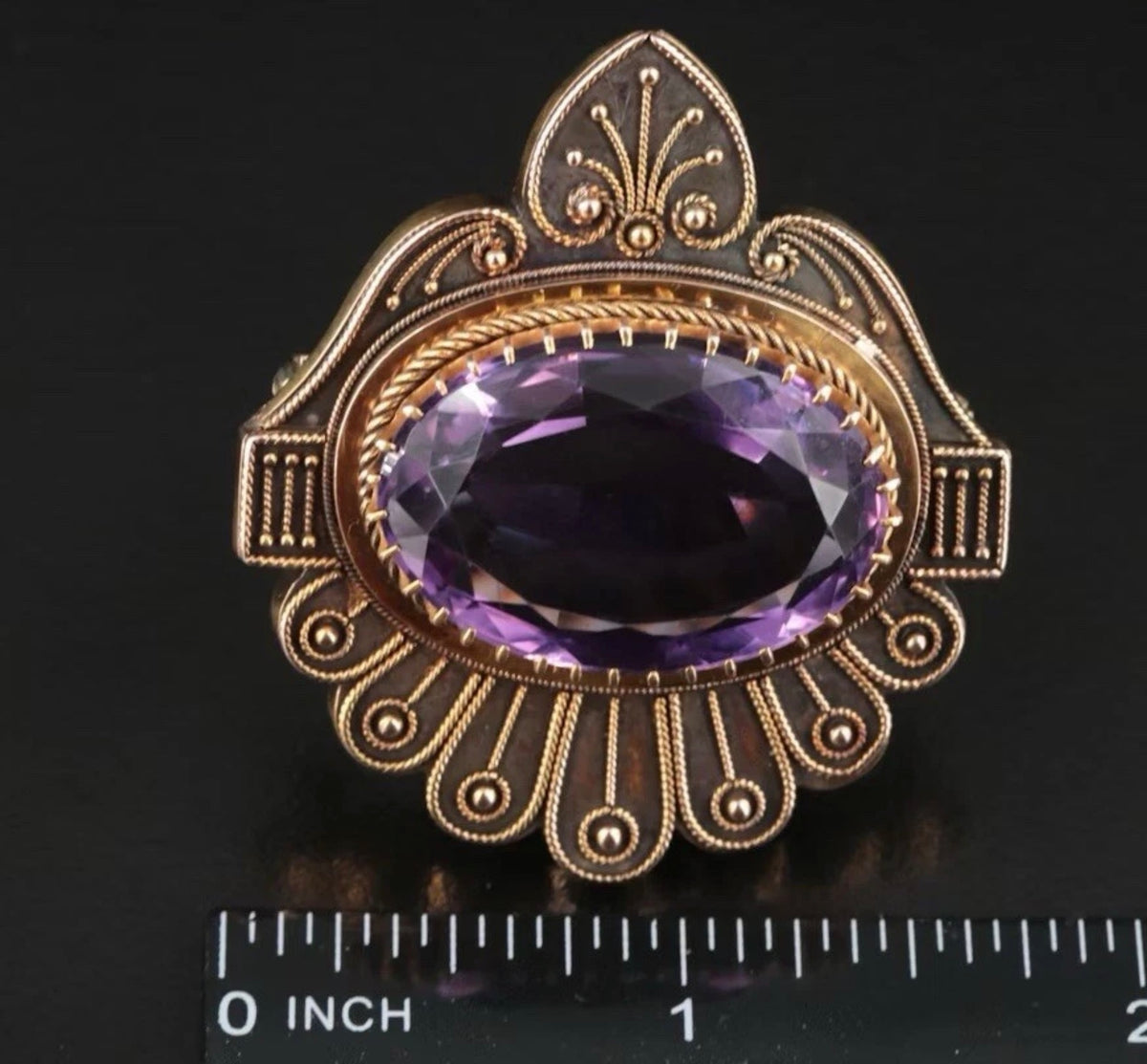 Victorian Etruscan Revival 14K Gold Amethyst Converter Brooch, 26.76 Carets