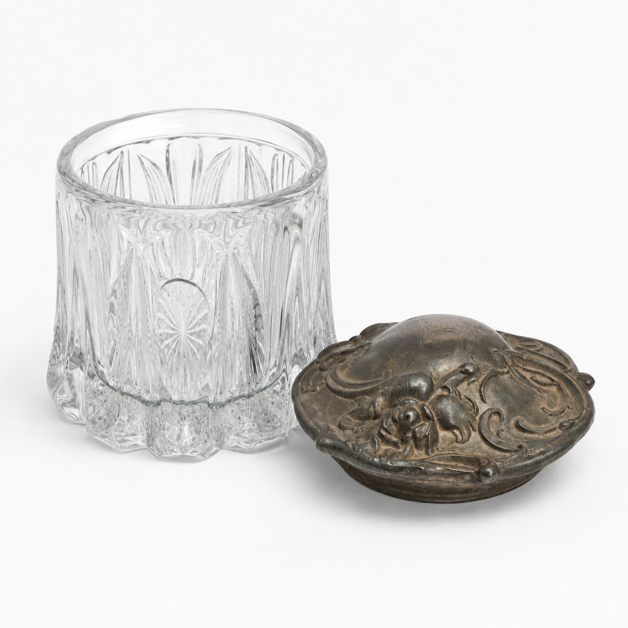 Antique Fosteria Long Buttress Glass Humidor Jar c.1904 | Art Nouveau Silver-Plate Lid