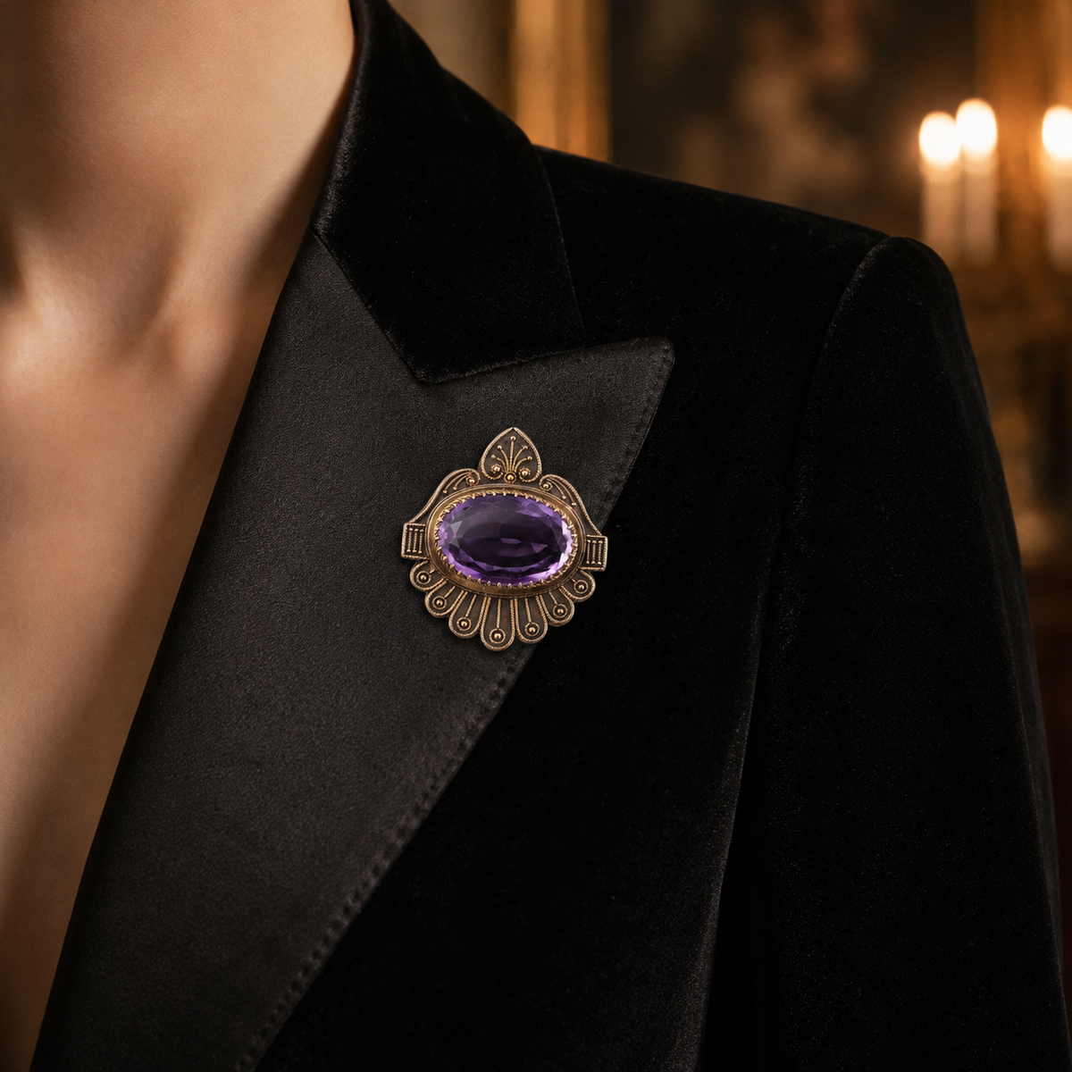 Victorian Etruscan Revival 14K Gold Amethyst Converter Brooch, 26.76 Carets