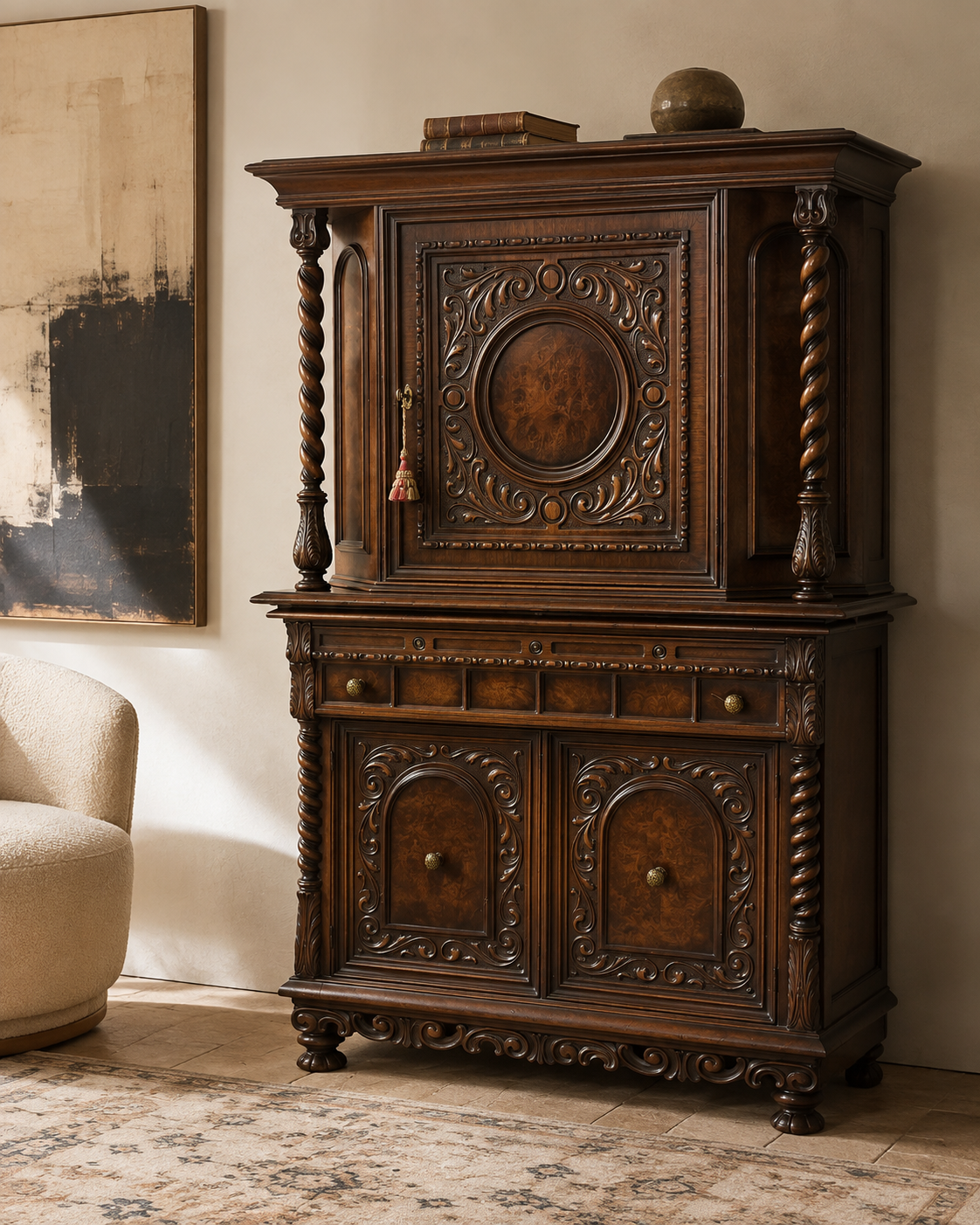 Antique Renaissance Rival Carved Wood Cabinet with Burl Panels