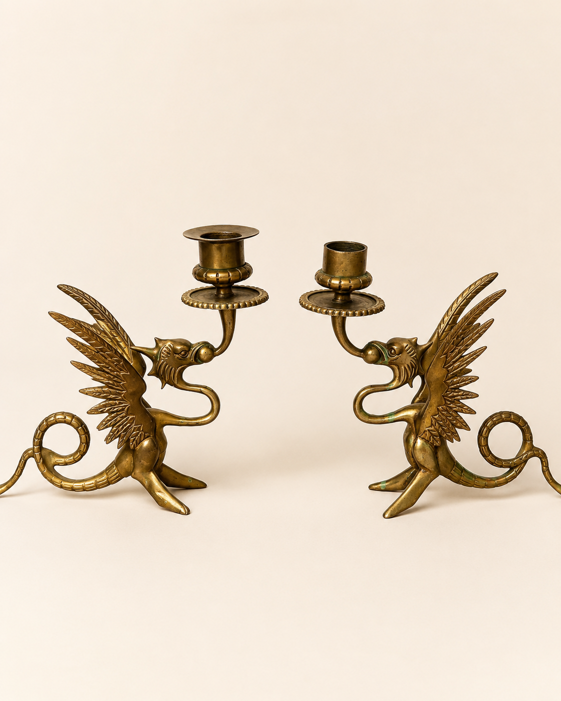 Vintage Pair of Brass Winged Dragon Candlesticks