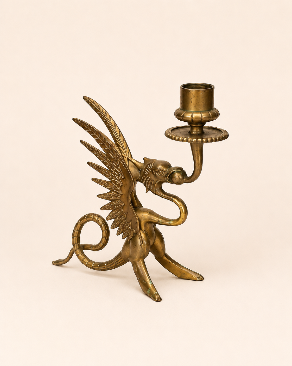 Vintage Pair of Brass Winged Dragon Candlesticks