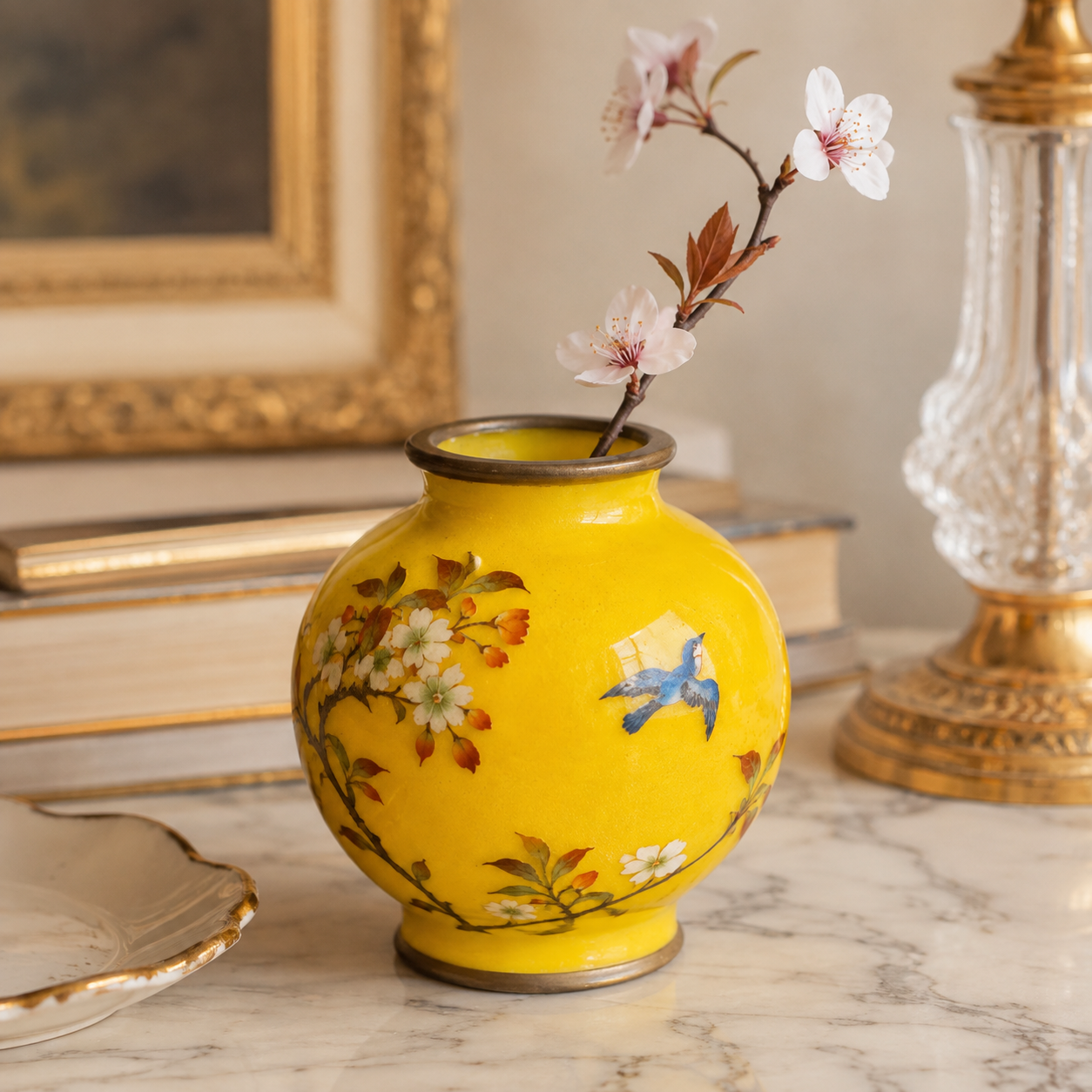 Vintage Japanese Sato Cloisonné Bud Vase with Blue Bird & Cherry Blossoms