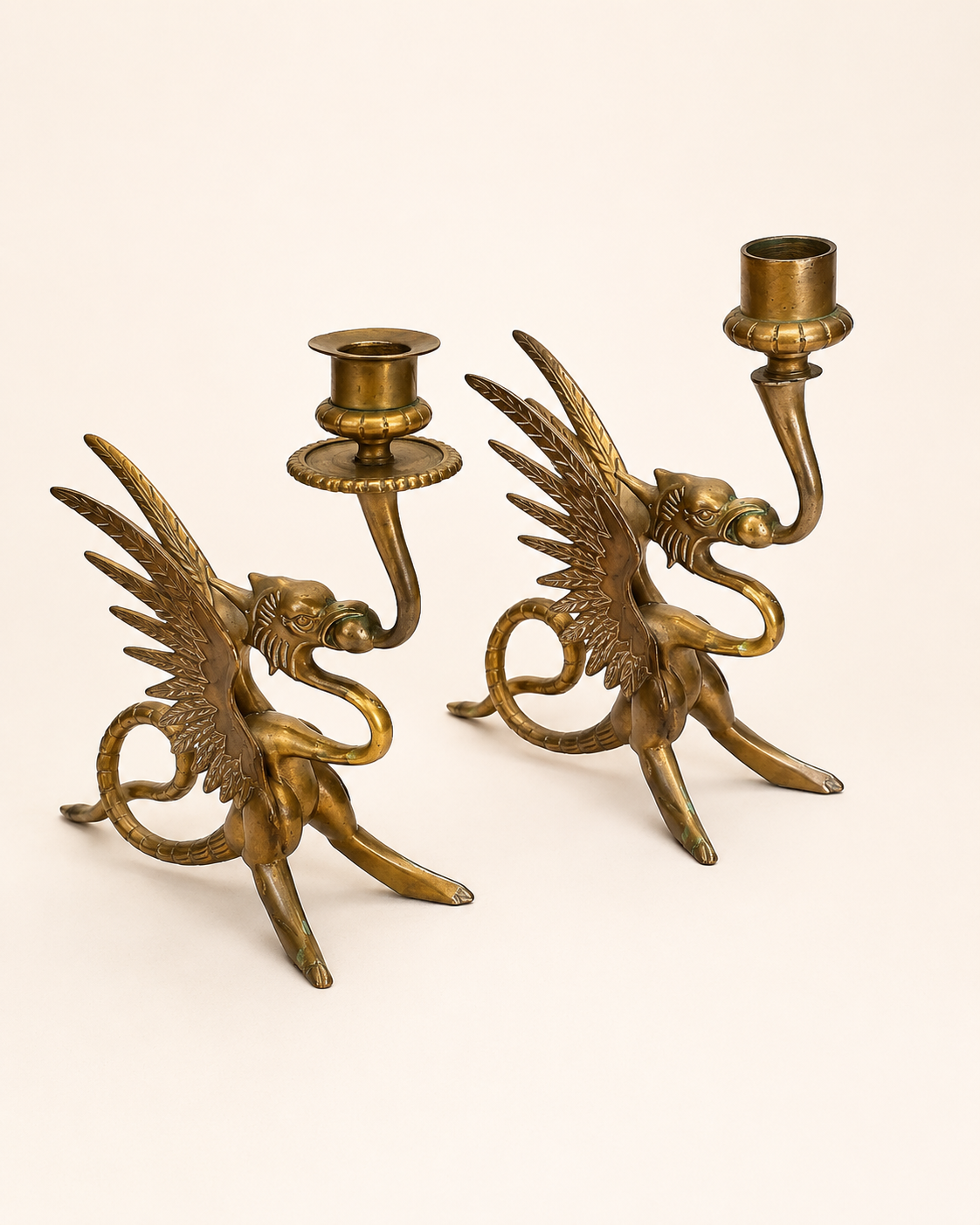 Vintage Pair of Brass Winged Dragon Candlesticks