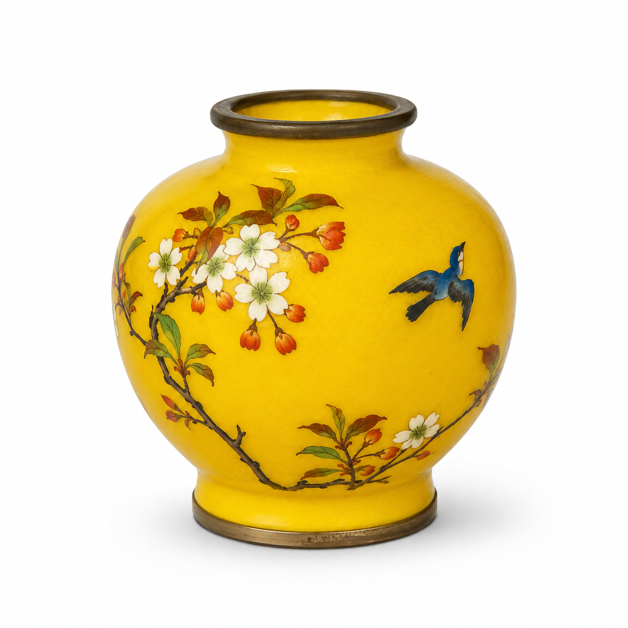 Vintage Japanese Sato Cloisonné Bud Vase with Blue Bird & Cherry Blossoms