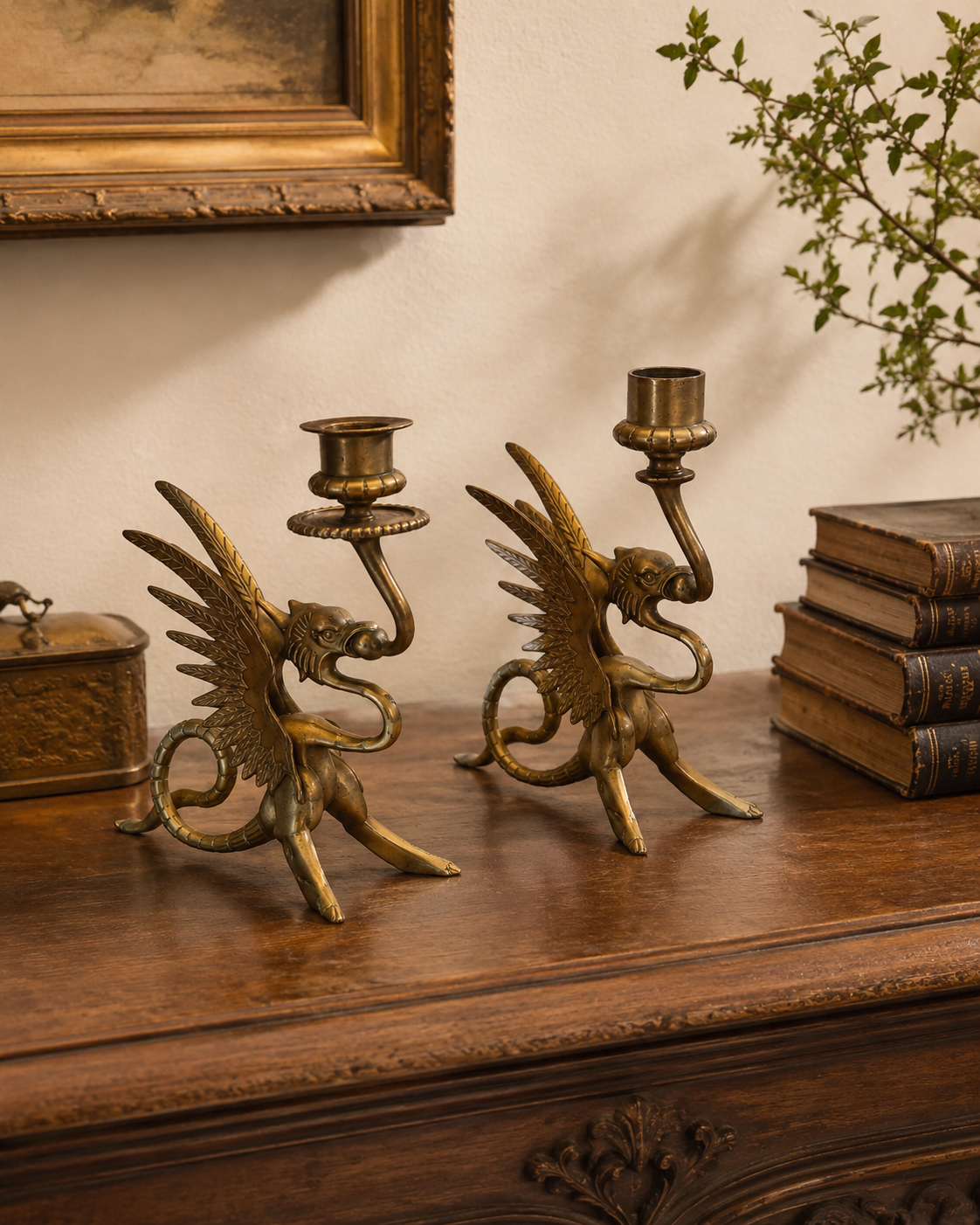 Vintage Pair of Brass Winged Dragon Candlesticks