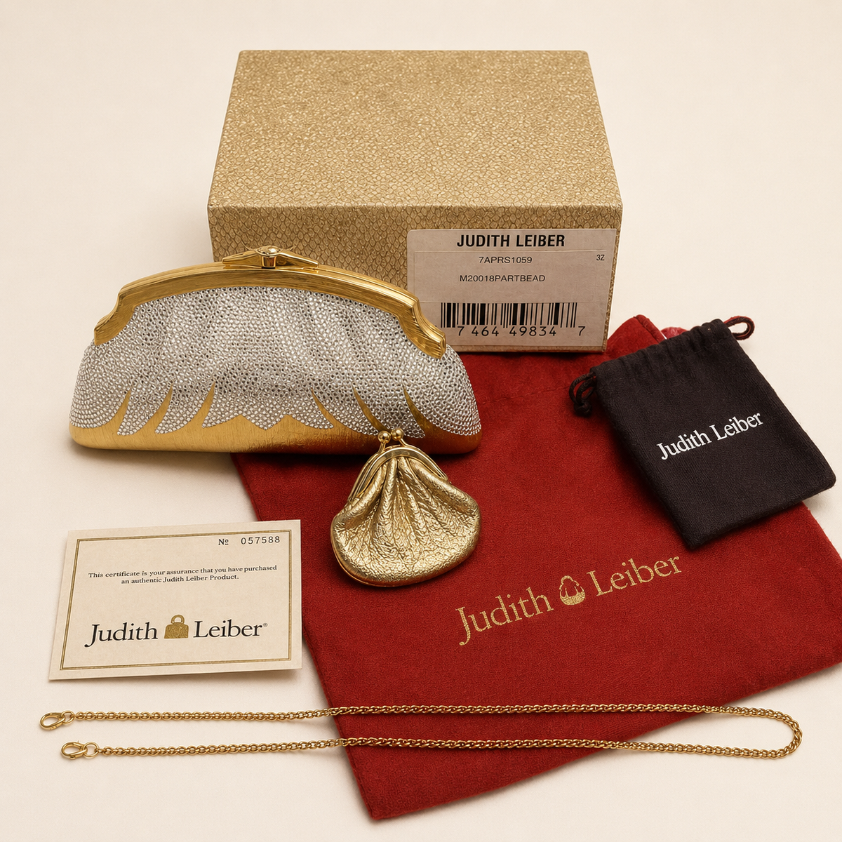 Vintage Judith Lieberman Gold Swarovski Crystal Minaudière Clutch with Box