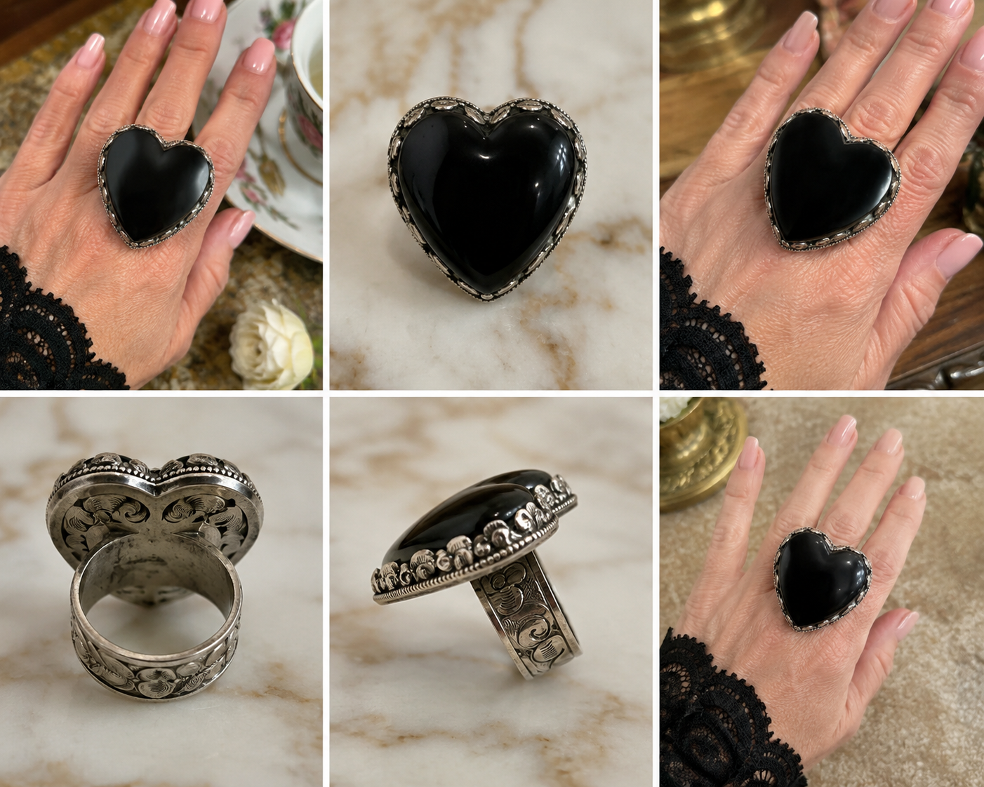 oversized Black Heart Statement Ring with Ornate Silver-ToneSetting