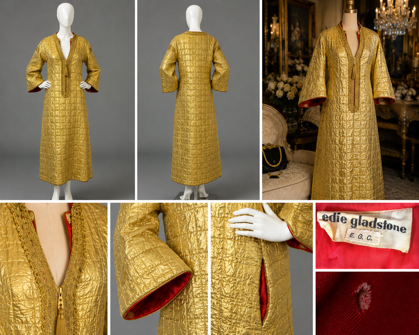 Vintage Edie Gladstone 1960’s Couture Gold Metallic Kaftan Hostess Gown with Red Lining