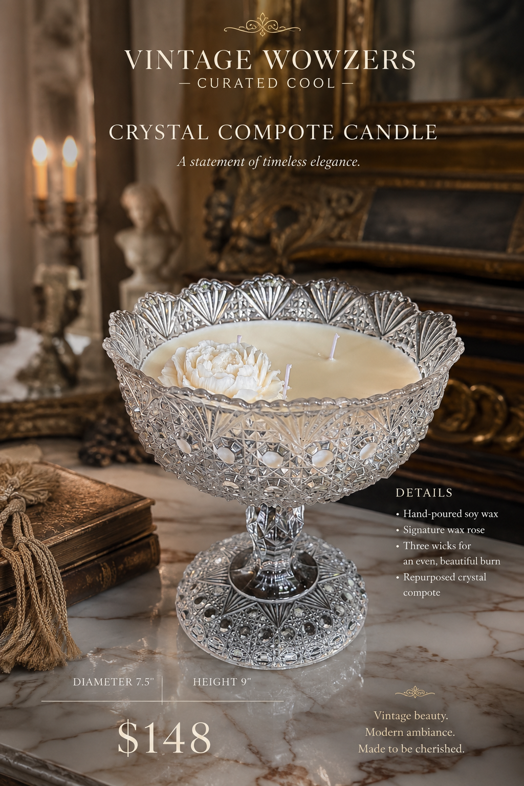 Vintage Crystal Compote Soy Candle with Signature Wax Rose