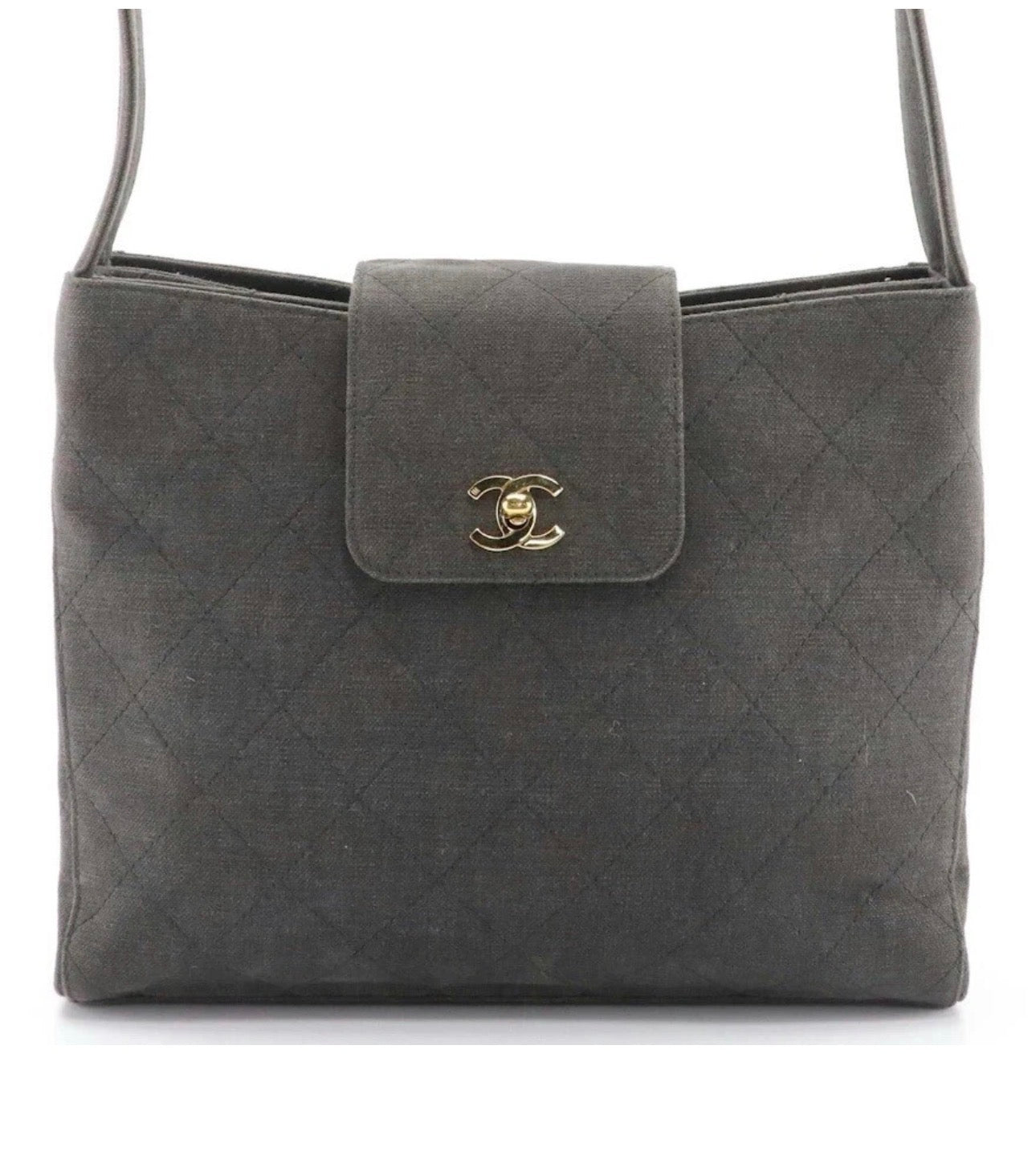 CHANEL Grey Quilted Cotton Canvas CC Lock Shoulder Bag