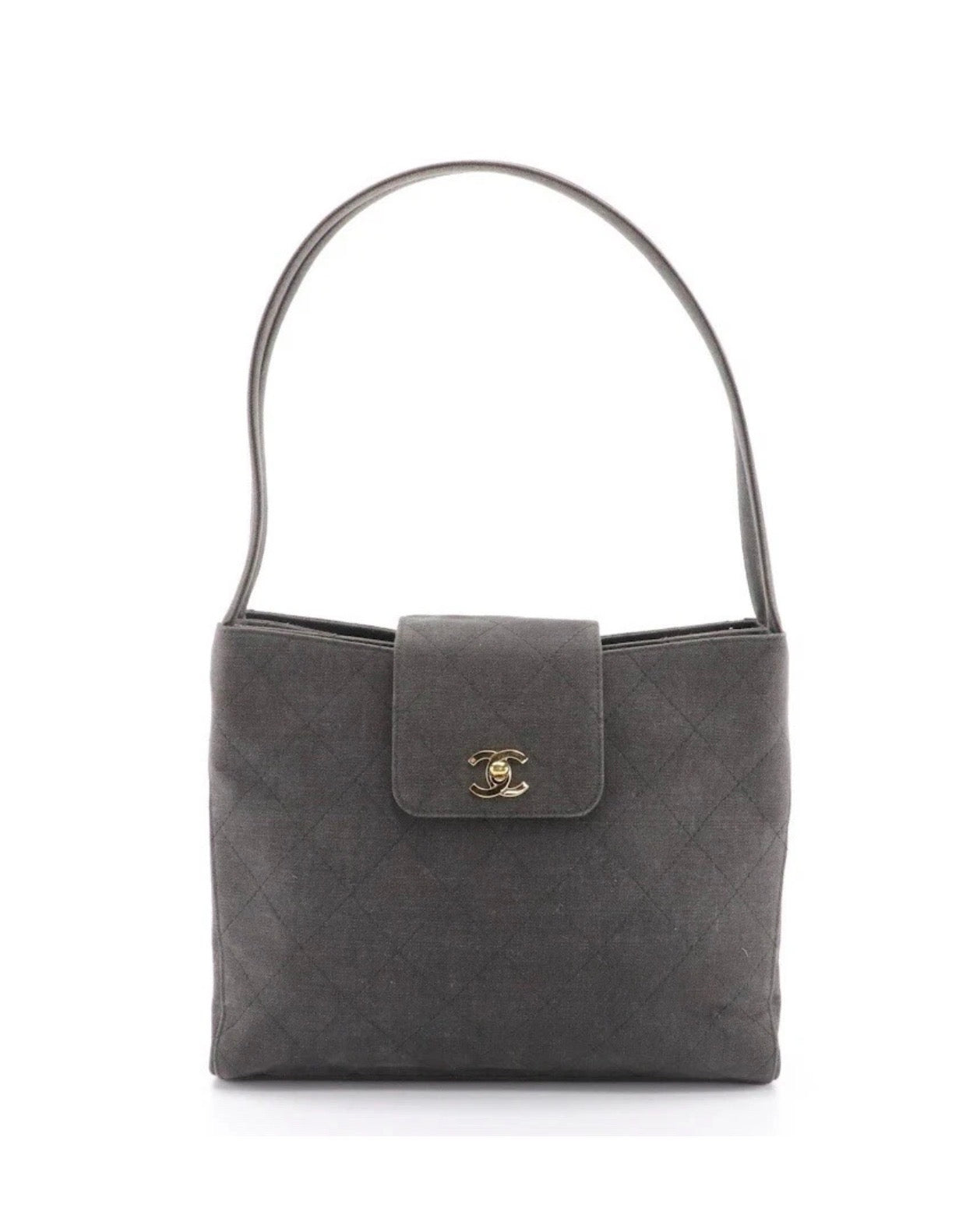CHANEL Grey Quilted Cotton Canvas CC Lock Shoulder Bag