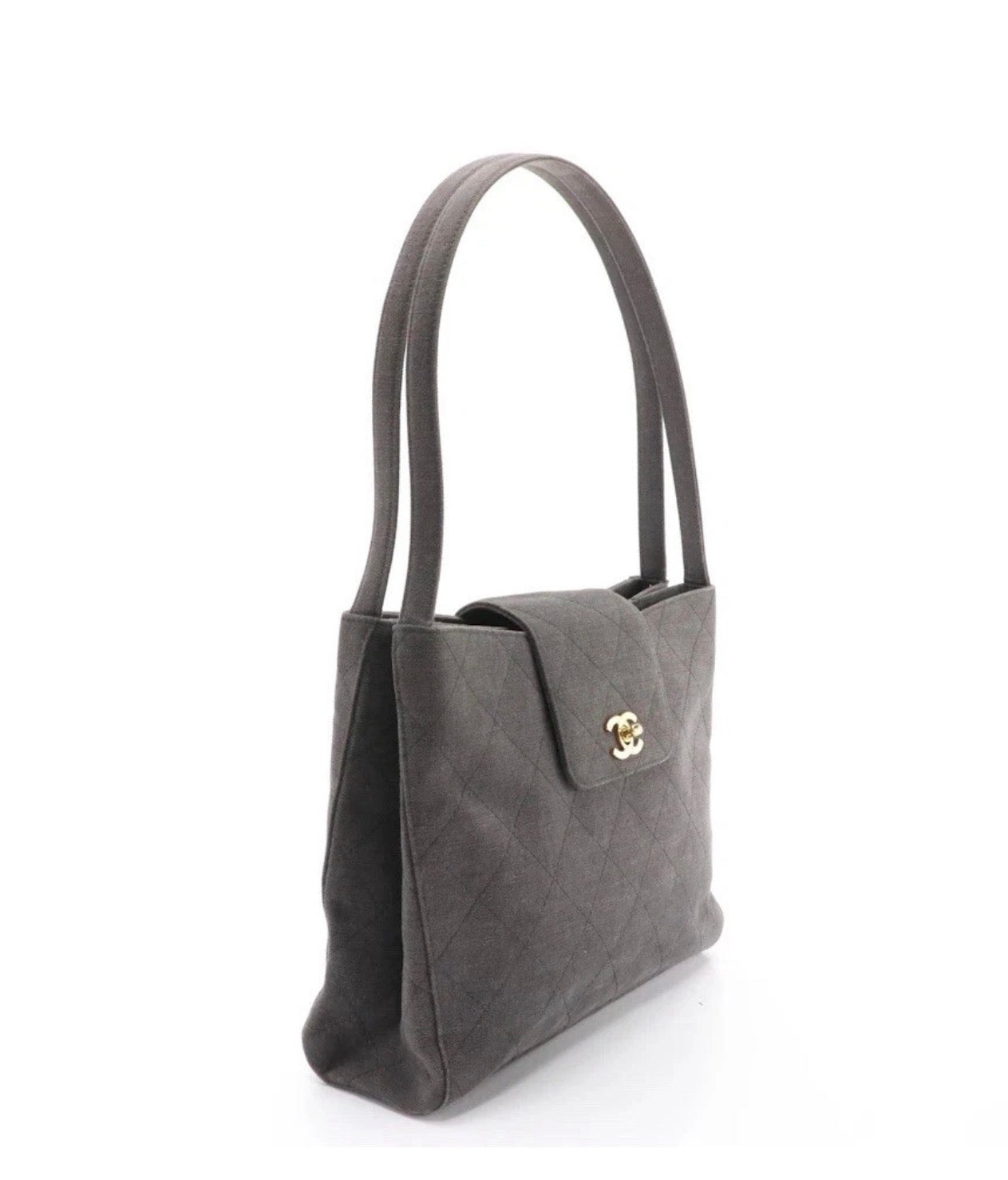 CHANEL Grey Quilted Cotton Canvas CC Lock Shoulder Bag