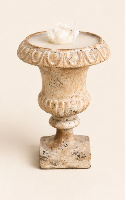 Vintage Plaster Urn Soy Candle with Signature Wax Rose | Hand-Poured | 5.5” x 7”