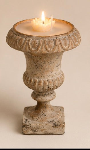 Vintage Plaster Urn Soy Candle with Signature Wax Rose | Hand-Poured | 5.5” x 7”