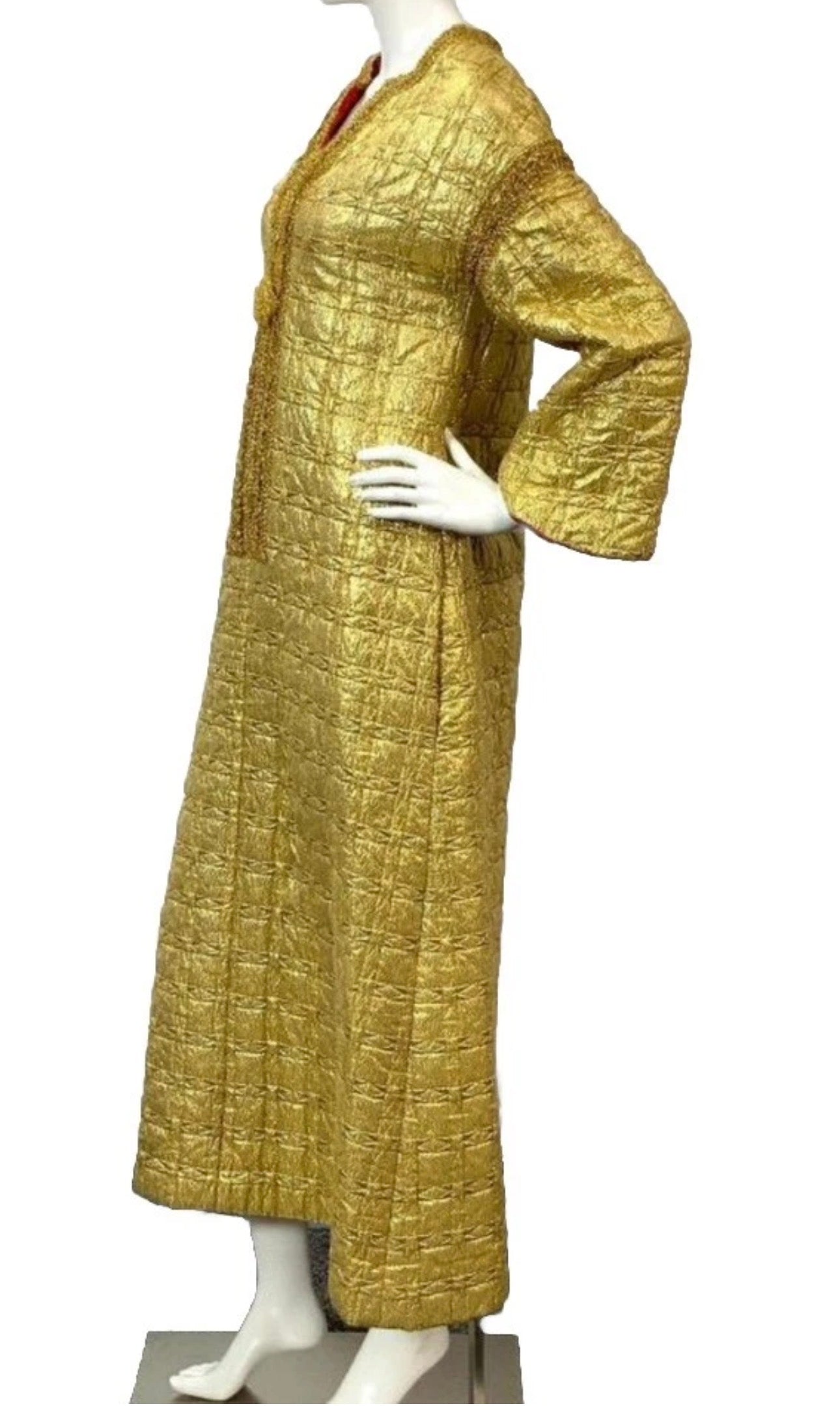 Vintage Edie Gladstone 1960’s Couture Gold Metallic Kaftan Hostess Gown with Red Lining